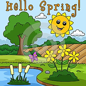 Hello Spring Smiling Sun Colored Cartoon