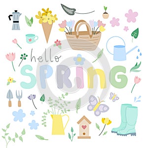 Hello spring. Spring time collection with flowers, plants and gardening tools. Hand drawn. For scrapbooking, greeting card,