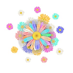 Hello Spring template banner with fresh flower multi colored daisies, chamomiles. Vector illustration. Floral design for