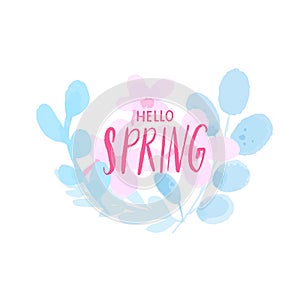 Hello spring text on pastel pink watercolor cherry blossom flowers and blue painted branches. Delicate fresh nature