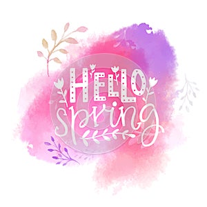 Hello spring text on pink watercolor swash