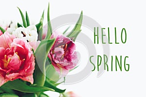 Hello spring text sign on beautiful double peony tulips bouquet in light. Springtime. Stylish floral greeting card. Hello march