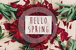 Hello spring text sign on beautiful red peonies blooming on whit