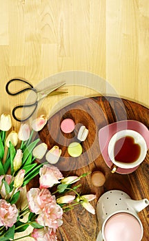 Hello Spring theme concept flat lay tea break with sun hat