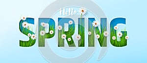 Hello Spring Time Poster or banner with cute white flowers and green grass inside on blue background.Promotion and shopping
