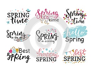 Hello spring time vector lettering text greeting card special springtime typography hand drawn Spring graphic
