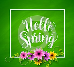 Hello spring vector banner design in green textured background