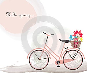 Hello spring vector with bicycle and flowers illustration