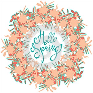 Hello Spring.Vector flowers colorful wreath greeting card.