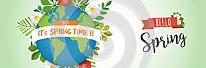 Hello spring web banner with green earth planet