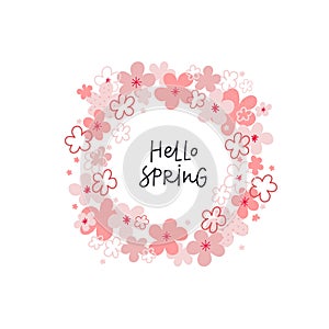 Hello Spring wreath lettering flowers illustration