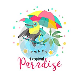 Hello summer. Aloha. Cute funny cartoon Toucan. Tropical paradise. Vector illustration.