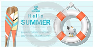 Hello summer background with lifebuoy and canoe paddle