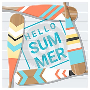Hello summer background with painted canoe paddle