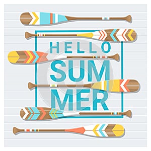 Hello summer background with painted canoe paddle
