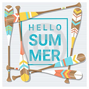 Hello summer background with painted canoe paddle