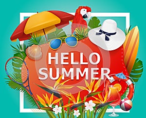Hello summer background with tropical plants and flowers. For typographical, banner, poster, party invitation. Vector