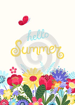 Hello summer background vector with flowers and a butterfly. Vector illustration with hand drawn text and flowers in