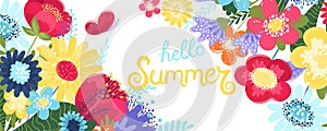 Hello summer background vector with flowers and a butterfly. Vector illustration with hand drawn text and flowers in