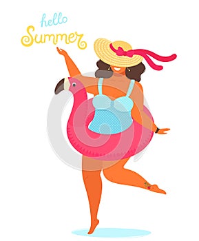 Hello summer background vector with a girl in a bathing suit and hand drawn text Hello Summer. Cute vector illustration