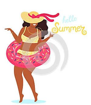 Hello summer background vector with a girl in a bathing suit and hand drawn text Hello Summer. Cute vector illustration