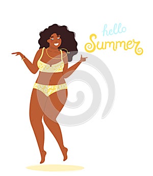 Hello summer background vector with a girl plus size in a bathing suit and hand drawn text Hello Summer. Cute vector