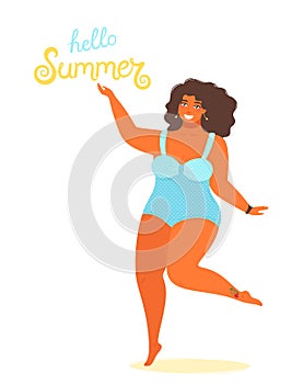 Hello summer background vector with a girl plus size in a bathing suit and hand drawn text Hello Summer. Cute vector