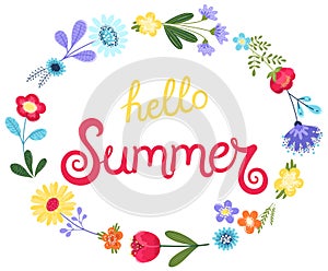 Hello summer background vector. Vector illustration with hand drawn text and flowers in flat style isolated on white