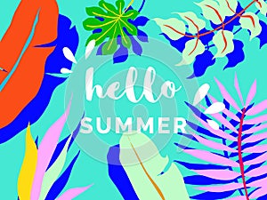 Hello summer banner/background template design, tropical plants on cyan, colorful vibrant tones