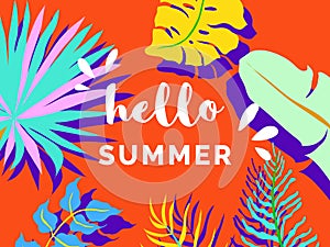 Hello summer banner/background template design, tropical plants on orange, colorful vibrant tones