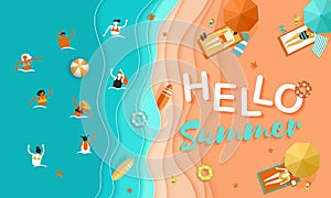 Hello summer banner with beach, sunbathing and bathing people papercut style