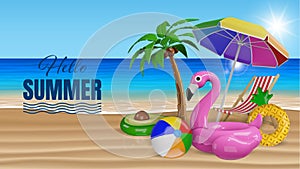 hello summer banner with beach umbrella, palm tree and inflatables on beach background