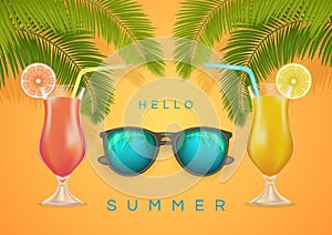 Hello Summer banner with a cocktail, sunglass and palm branch. Happy bright summer season concept in yellow background. Vector