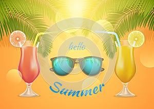 Hello Summer banner with a cocktail, sunglass and palm branch. Happy bright summer season concept in yellow background. Vector