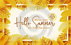 Hello summer banner design with tropical leaves background