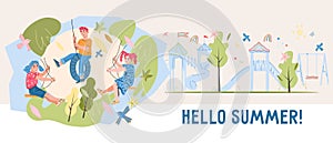 Hello summer banner or flyer design with happy children on swing, flat cartoon vector.