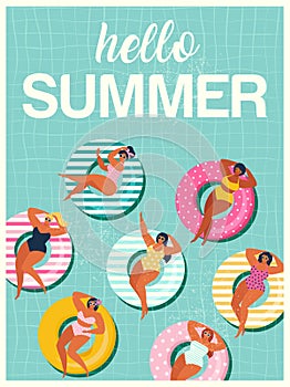 Hello Summer banner with gils on inflatable swim ring in swimming pool floats background, exotic floral design for