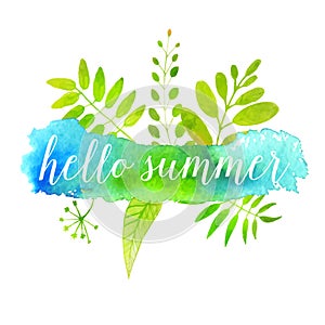 Hello summer banner on green watercolor paint