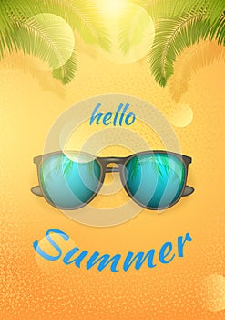 Hello Summer banner with sunglass and palm branch. Happy bright summer season concept in yellow background. Vector Stock