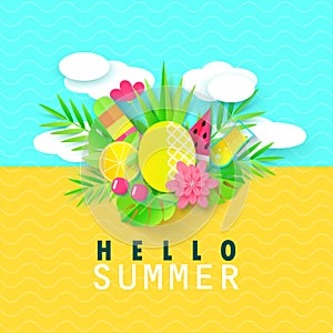 Hello Summer banner with Sweet Travel Vacation Elements. Paper Art. Tropical plants, flowers, pineapple, ice cream
