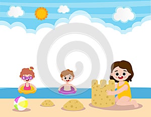 Hello summer banner template of Cute kids on the beach. children cartoon isolated background vector illustration.