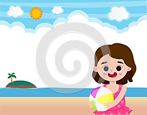 Hello summer banner template of Cute kids and rubber ring on the beach. children cartoon floating on inflatable in the ocean