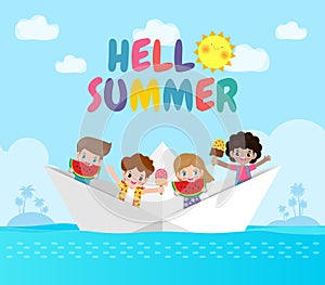 Hello summer banner template, group cute kids relaxing holding ice cream and watermelon in a paper boat, summertime, Lounge time