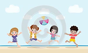 Hello summer banner template, Group of kids playing water volleyball on the beach, Children jump on the beach in summer time