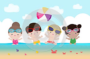 Hello summer banner template, Group of kids playing water volleyball on the beach, Children jump on the beach in summer time