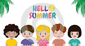 Hello summer banner template, Group of kids summer time, Relaxing children at seashore, Lounge time at the seaside, vacation flat