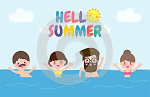 Hello summer banner template, people swimming on the waves, Group of person having fun on the beach, Summer time, Attractions