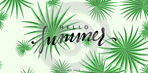 Hello Summer banner tropical background. Summer season, green leaves poster. vector illustration