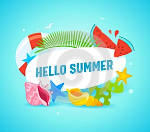 Hello Summer Banner with Typography and Summertime Items as Palm Leaves, Starfish, Lifebuoy, Watermelon Pieces