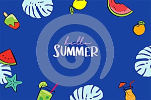 Hello summer banners design hand drawn style. Summer with doodles and objects elements for beach party background